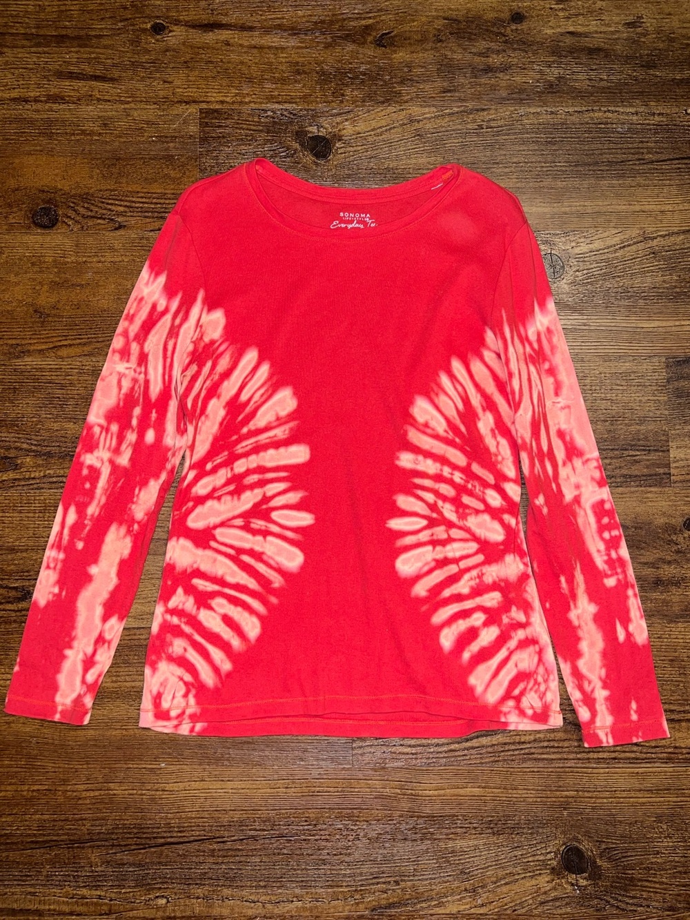 Sonoma Red Tie-Dye Cream Long Sleeve Casual Everyday Top Cotton Two Tone Size M